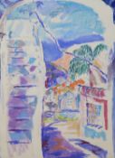 Andrea Tana, pastel on paper, Mediterranean hillside town, 76 x 56cm