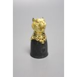 A Chinese black qingtian stone and gilt metal wine cup, height 7.5cm