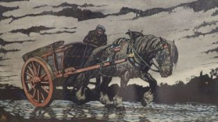 Haydn Reynolds Mackey (b.1883), woodcut, Cart horse in the rain, signed in pencil, 22 x 38cm