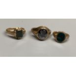 Two modern 9ct gold and bloodstone set signet rings, sizes M & T and a 9ct gold and hematite ring,