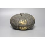 A 19th century Chinese melon-shaped silvered bronze box and cover, applied with gold figures of