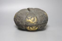 A 19th century Chinese melon-shaped silvered bronze box and cover, applied with gold figures of