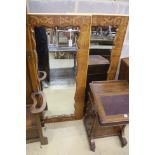A pair of French marquetry inlaid kingwood wall mirrors, width 72cm, height 149cm