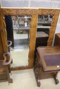 A pair of French marquetry inlaid kingwood wall mirrors, width 72cm, height 149cm