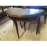 An early 20th century French brass mounted mahogany D shape folding card table, width 91cm, depth