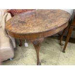 A Queen Anne revival oval walnut centre table, width 118cm, depth 88cm, height 72cm