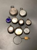 Two white metal cased pocket watches including hunter by Perret & Fils, six white metal fob