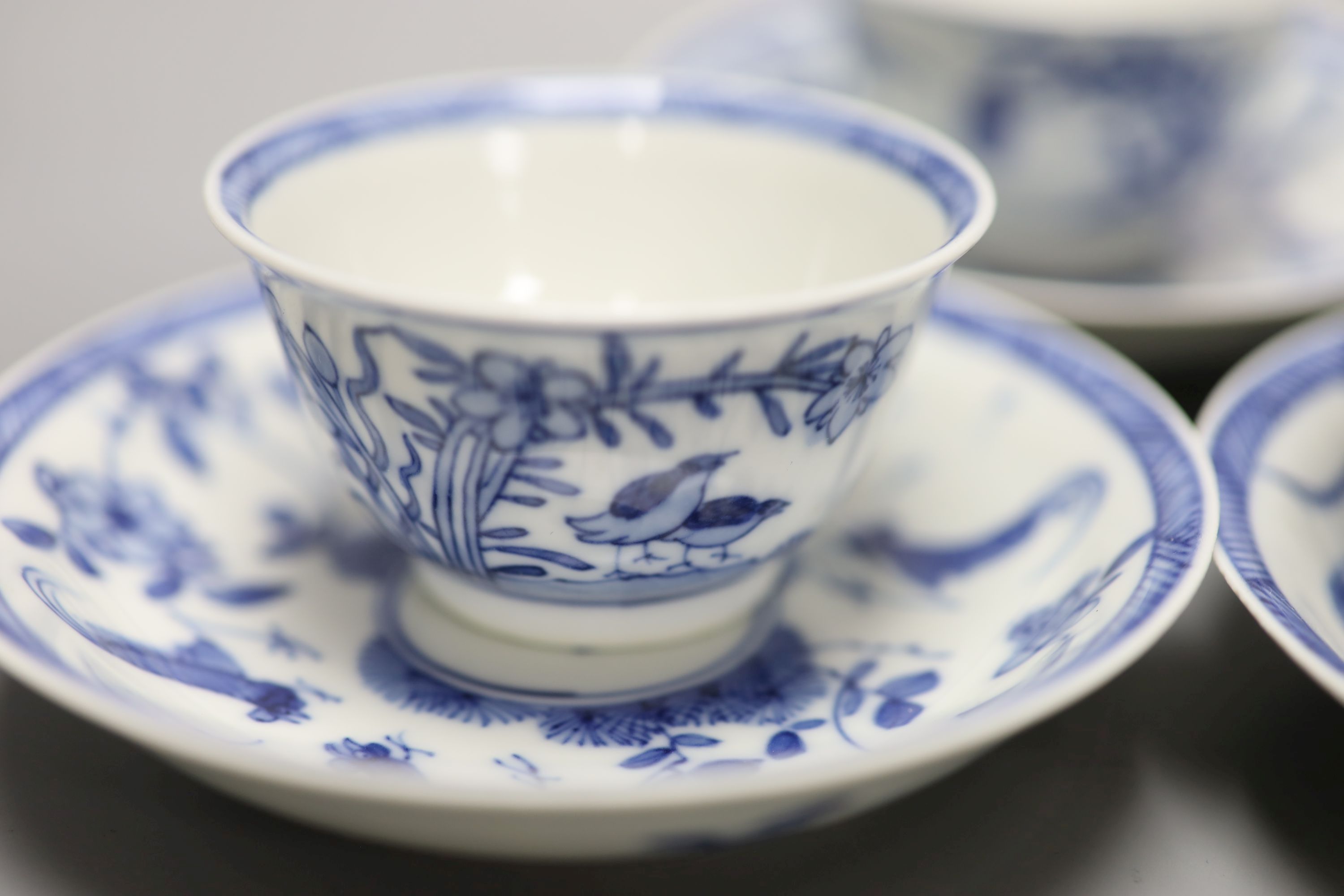 Five Chinese blue and white 'birds' tea bowls and four saucers and three 'chicken' tea bowls and - Image 5 of 8