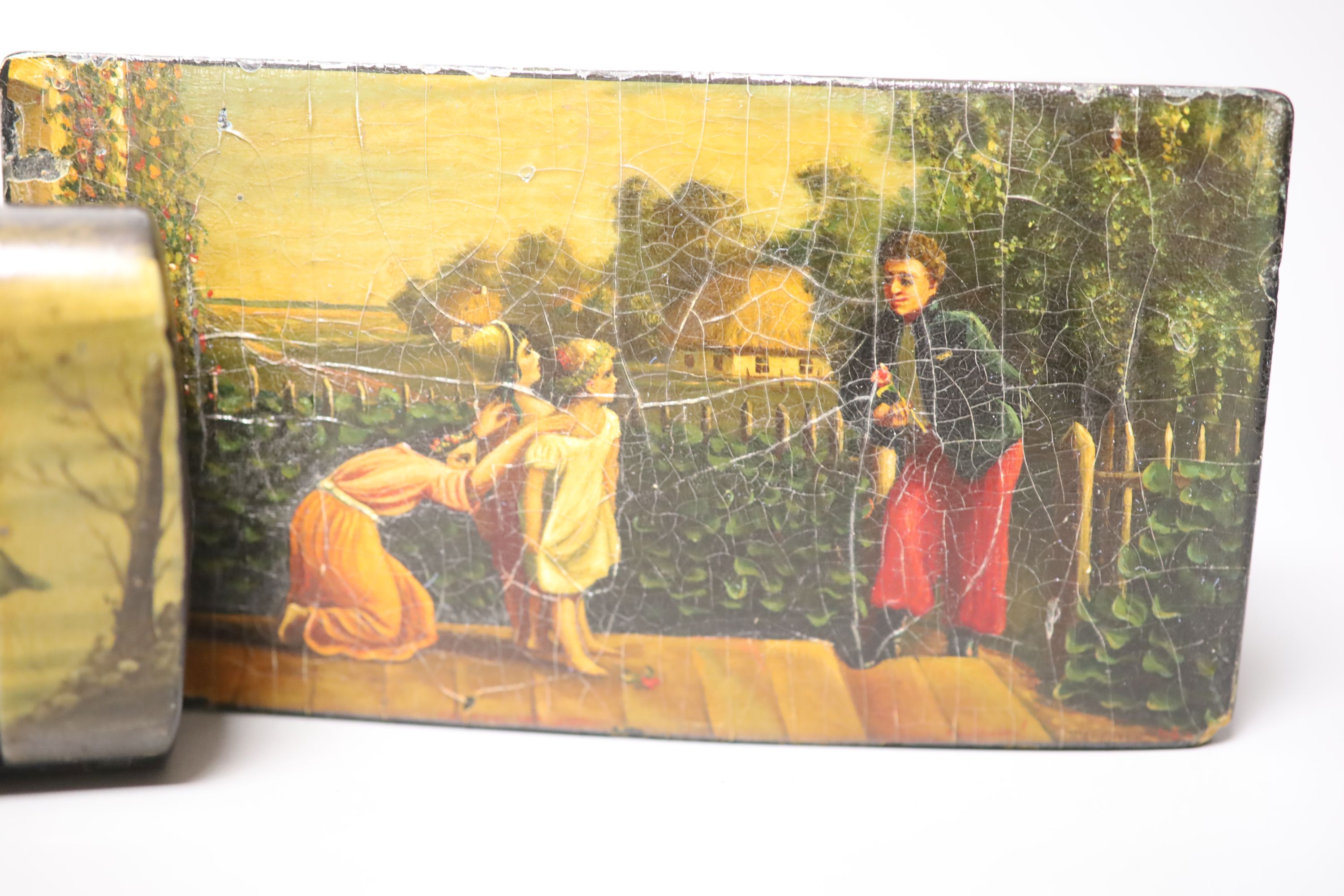 Two Russian papier mache boxes painted with troika and two related items, largest 17 x 5cm - Image 4 of 6