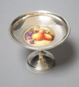 A George V silver pedestal nut dish, with inset Royal Worcester plaque, signed W. Bee, height