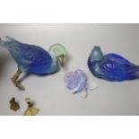 Two blue glass Daum ducks, signed