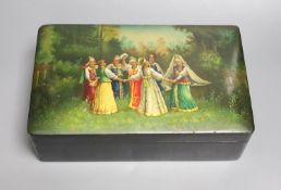 A 19th century Russian lacquer box, decorated with dancers to the cover, and signed lower left, 29 x