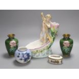 A Meissen style porcelain trinket box, a Royal Copenhagen vase, 9cm high, a cherub vase, 25cm