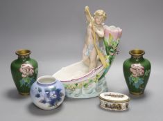 A Meissen style porcelain trinket box, a Royal Copenhagen vase, 9cm high, a cherub vase, 25cm