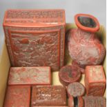 An assortment of Chinese cinnabar lacquer and other later boxes, largest 29 x 10cm