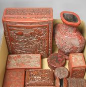 An assortment of Chinese cinnabar lacquer and other later boxes, largest 29 x 10cm