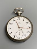 An early 20th century engine turned 800 standard Omega open face keyless pocket watch (glass a.f.),