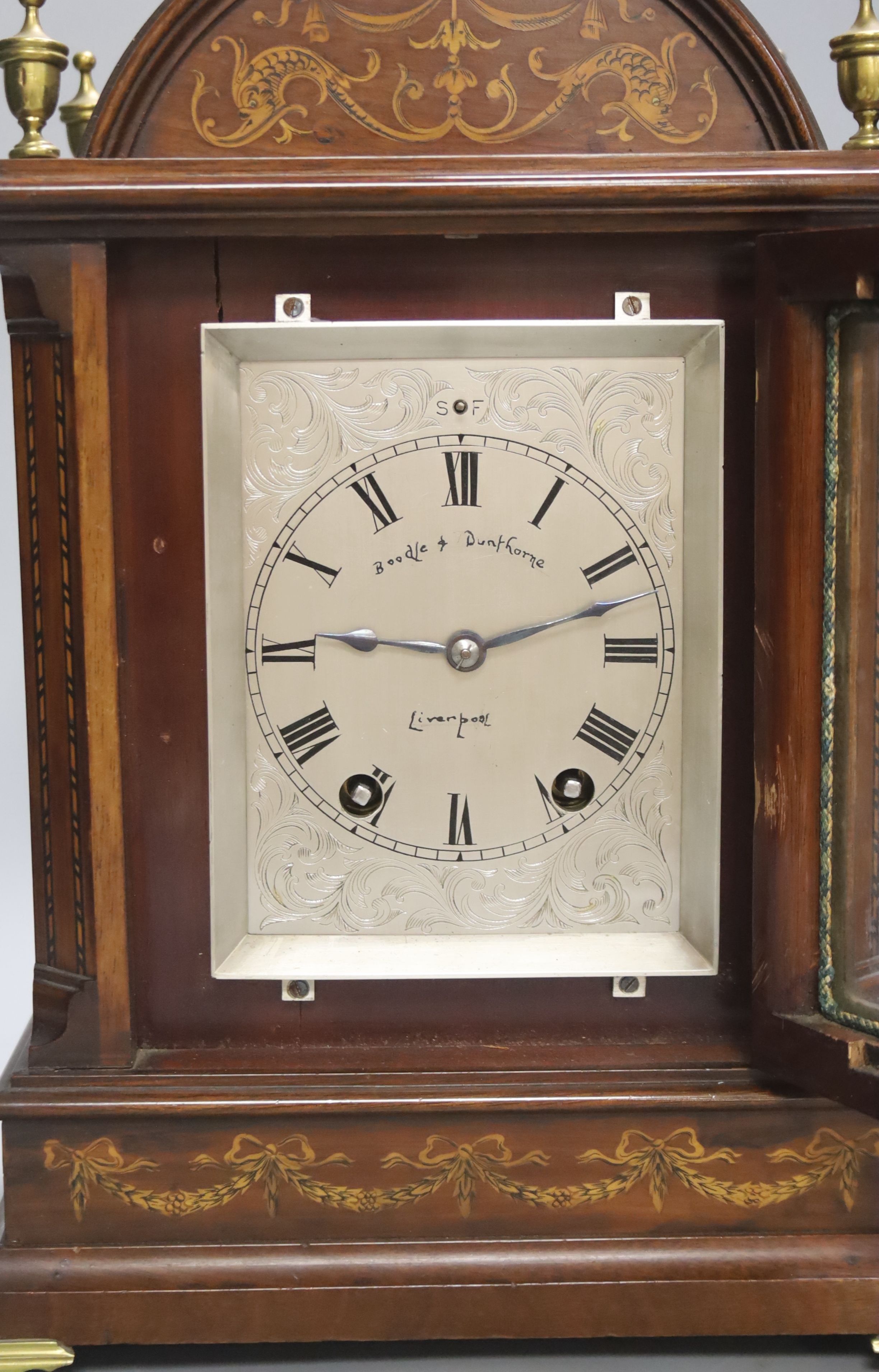 An inlaid mahogany eight day bracket clock, the silvered 3.5 inch dial later marked Boodle & - Image 2 of 3