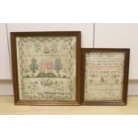 One Victorian sampler and a smaller Georgian sampler, largest 38.5 x 33.5cm