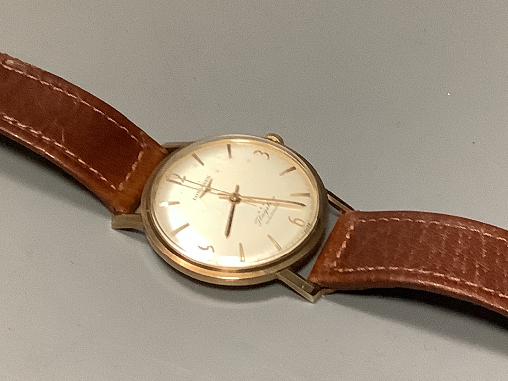 A gentleman's 9ct gold Longines Flagship automatic wristwatch, on a leather strap, with Longines - Image 3 of 4