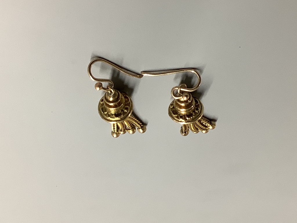A pair of yellow metal tassel drop earrings, 32mm, 7.7 grams. - Image 2 of 2