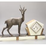 An Art Deco spelter, marble and onyx 'antelope' mantel clock, length 58cm