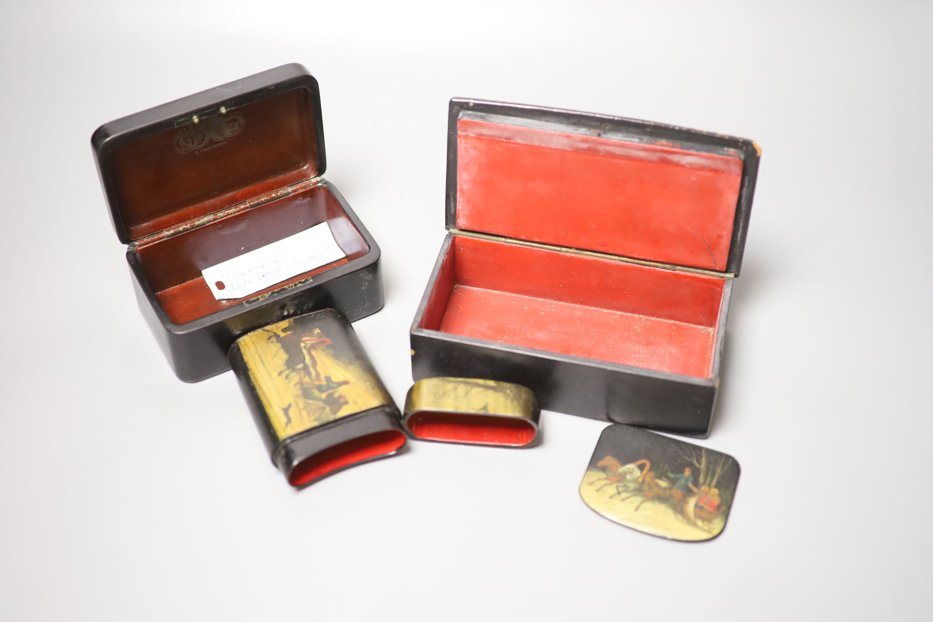 Two Russian papier mache boxes painted with troika and two related items, largest 17 x 5cm - Image 6 of 6