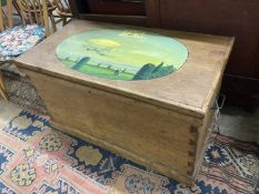 A Victorian stripped pine trunk, the top later painted with an airship scene, length 89cm, depth
