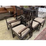 A set of six 1920's oak barleytwist dining chairs, two with arms