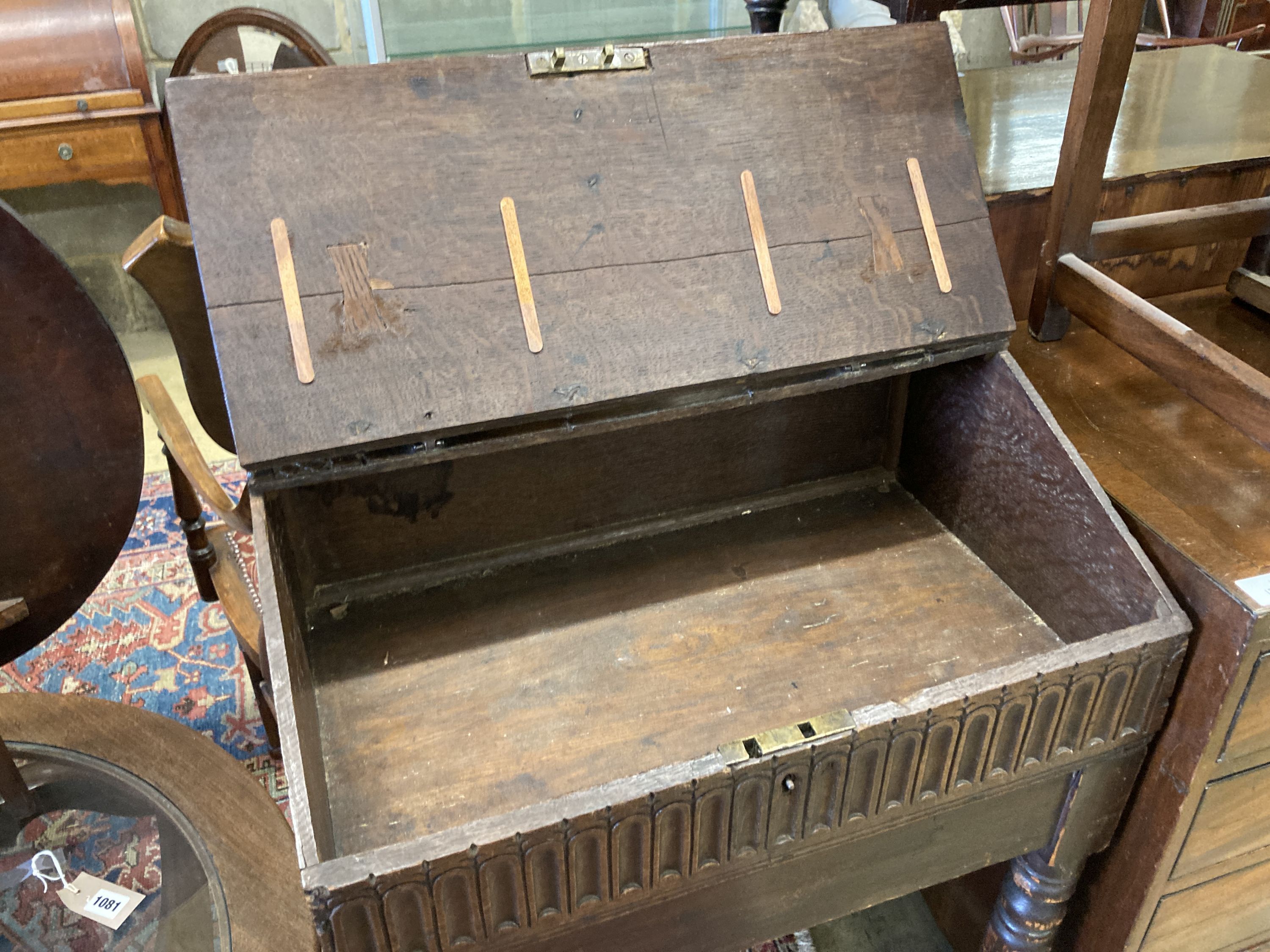 A 17th century oak slant front bible box, raised on a stand, width 61cm, depth 37cm, height 87cm - Image 2 of 4