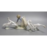 A Lladro figure of a girl with a goose and three single geese models