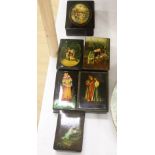 Six Russian painted lacquer boxes, each signed and inscribed, largest 18 x 13cm