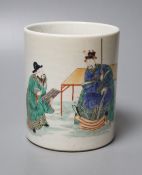 A Chinese famille verte brush pot, depicting two scholars in conversation, probably Republic period,
