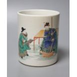 A Chinese famille verte brush pot, depicting two scholars in conversation, probably Republic period,