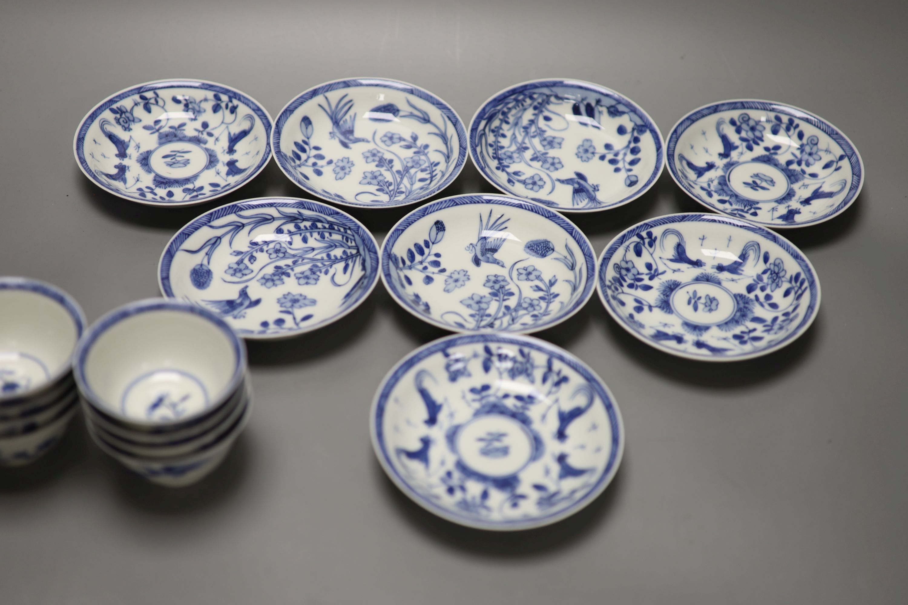 Five Chinese blue and white 'birds' tea bowls and four saucers and three 'chicken' tea bowls and - Image 6 of 8