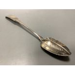 A George III Irish silver fiddle pattern straining spoon by John Power, Dublin, 1804, length 34