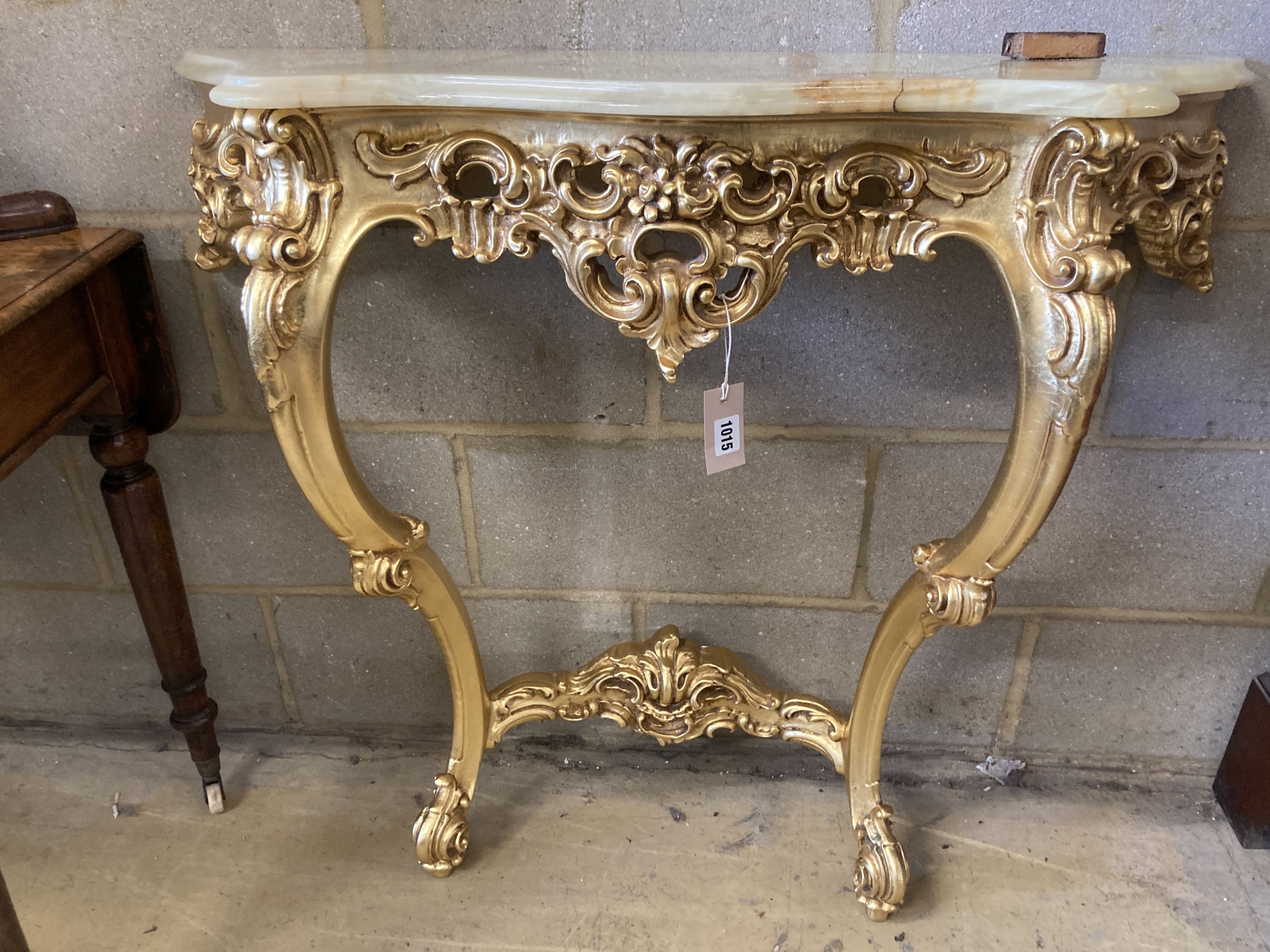 An 18th century style onyx topped gilt console table, width 94cm, depth 29cm, height 87cm with - Image 3 of 4