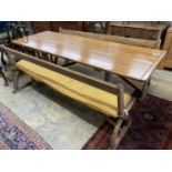 A rectangular pine kitchen table, width 218cm, depth 77cm, height 77cm together with a pair of