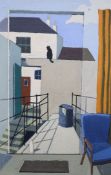 Michael Alford, oil on board, Black cat in a back yard, signed verso, 76 x 51cm