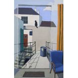 Michael Alford, oil on board, Black cat in a back yard, signed verso, 76 x 51cm