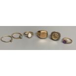 Four assorted modern 9ct gold and gem set rings, a 9ct gold signet ring(cut) and a white metal