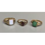 Three assorted modern 9ct gold and gem set rings, chrysophase, garnet and sardonyx, sizes M, M/N &