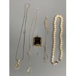 A single strand cultured pearl choker necklace, with 18ct white gold and sapphire set clasp, a