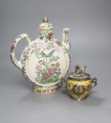 A Chinese famille rose wine ewer, 26cm high and a white metal mounted porcelain jar, 11cm high