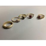 An 18ct gold, sapphire and diamond ring, gross 3.2 grams and four 9ct gold rings, two gem-set, gross