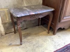 A French oak marble topped occasional table, width 62cm, depth 40cm, height 48cm