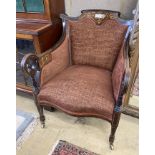 A late Victorian marquetry inlaid rosewood armchair, width 62cm, depth 70cm, height 78cm