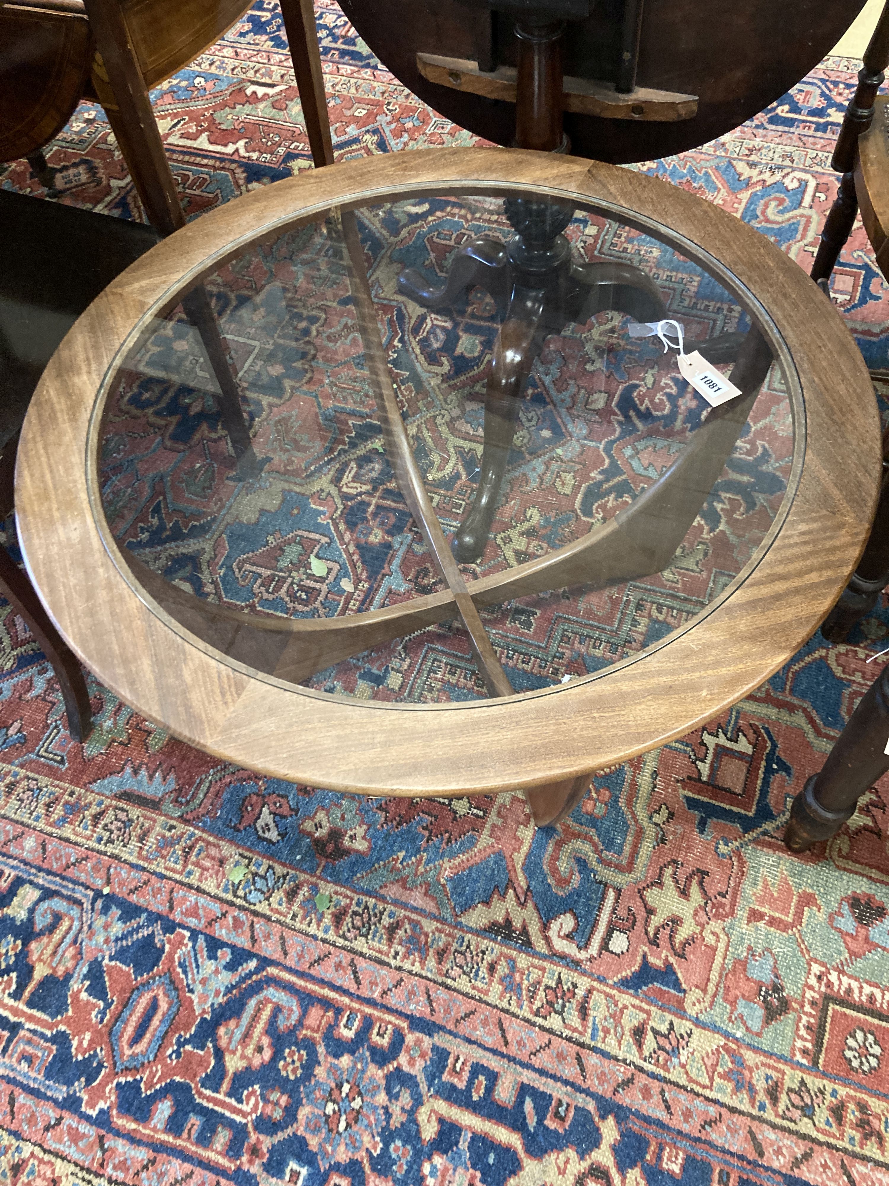 A G Plan circular glass top teak coffee table, diameter 84cm, height 45cm - Image 2 of 3