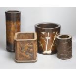 A large Chinese cylindrical wood box inlaid with mother of pearl and three Bitong / brush pots,