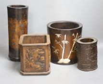 A large Chinese cylindrical wood box inlaid with mother of pearl and three Bitong / brush pots,